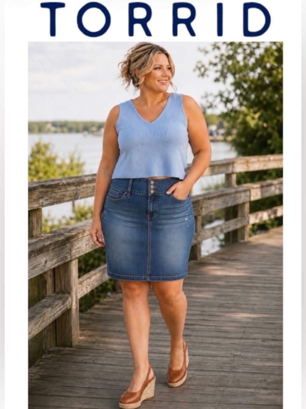26W Torrid Blue Denim Pencil Skirt with Three Button Waist